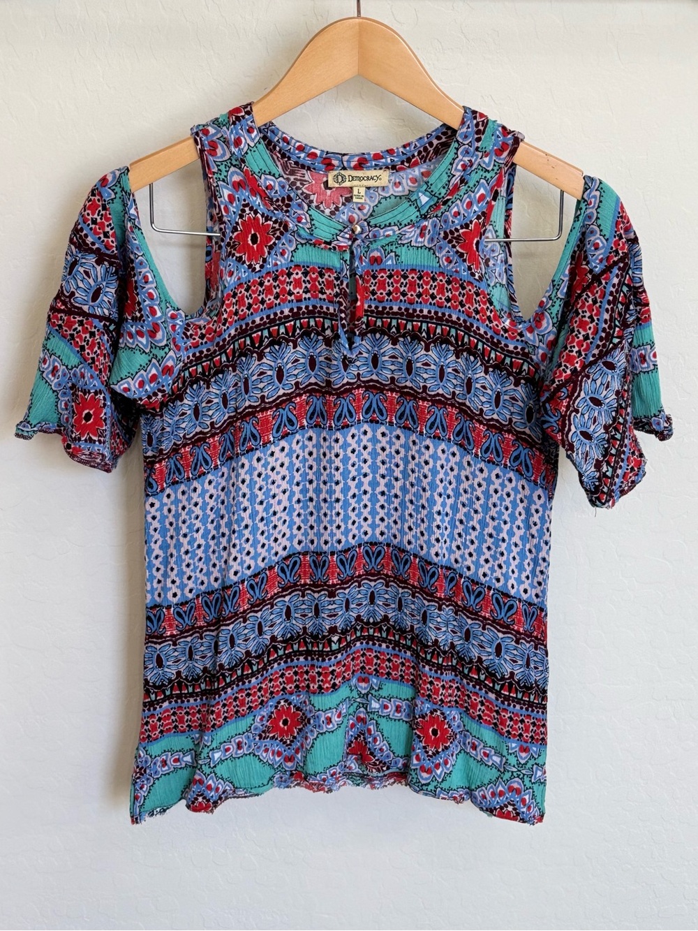 Democracy Boho Cold Shoulder Top Blue Teal Red Tile Medallion Print Blouse Large